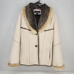 Regent Park Large |‎ Cream Real Rabbit Fur Trim Faux Suede Shearling Coat Boho